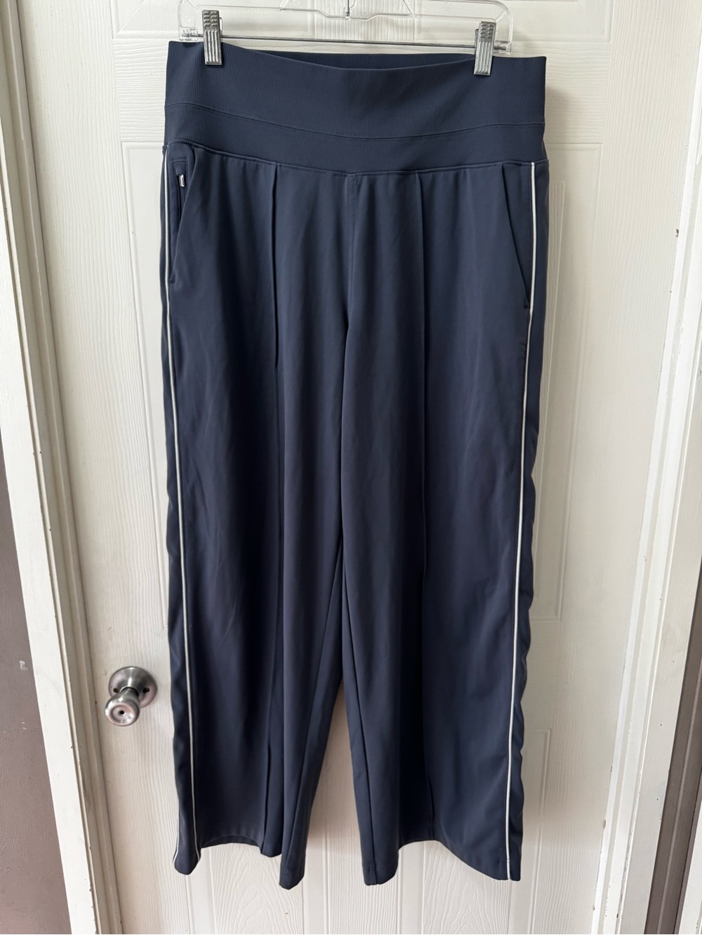 Athleta Navy Wide-Leg Track Pants with White Side Piping
